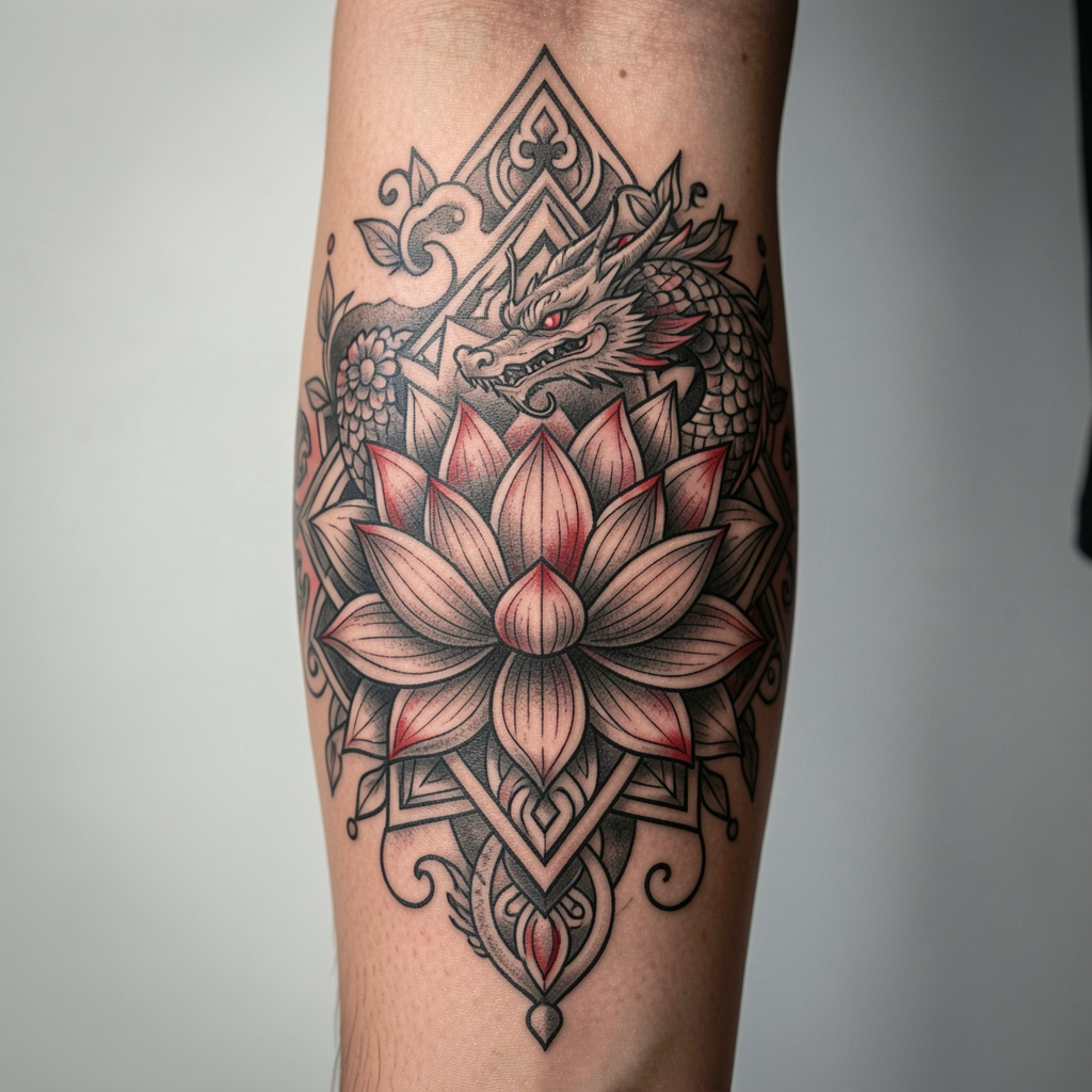 Vietnamese-inspired geometric and floral tattoo close-up detail