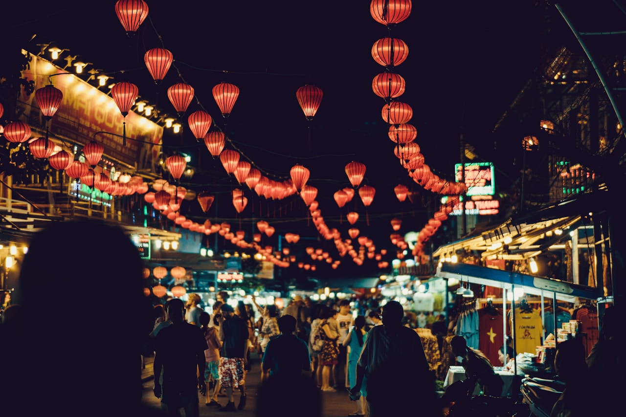 Phu Quoc night market food stalls with lanterns