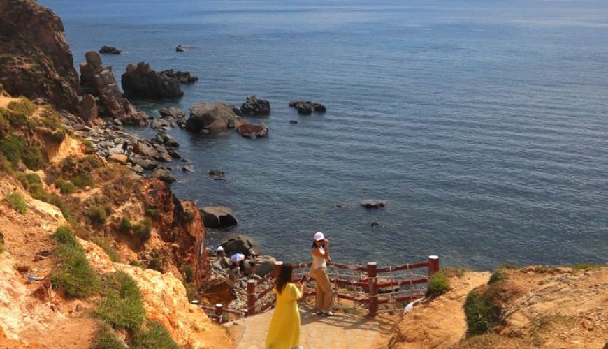 Quy Nhon rocky coastline with turquoise water and dramatic cliffs in central Vietnam
