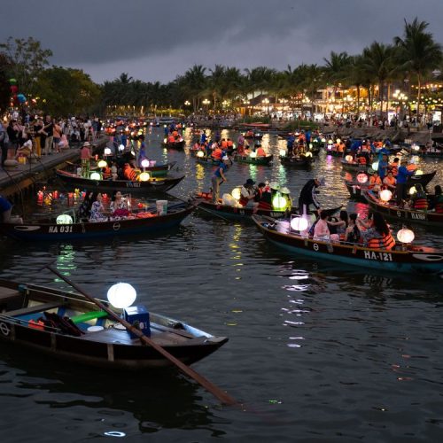 Lantern-lit night scene along the river in Hoi An Ancient Town, Vietnam