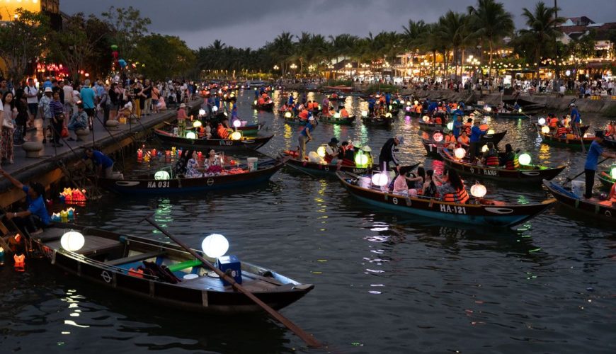 Lantern-lit night scene along the river in Hoi An Ancient Town, Vietnam