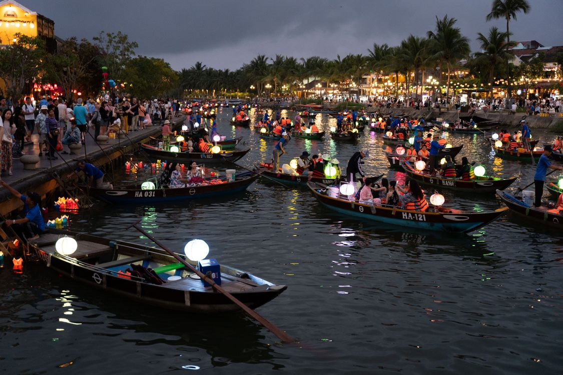 Lantern-lit night scene along the river in Hoi An Ancient Town, Vietnam