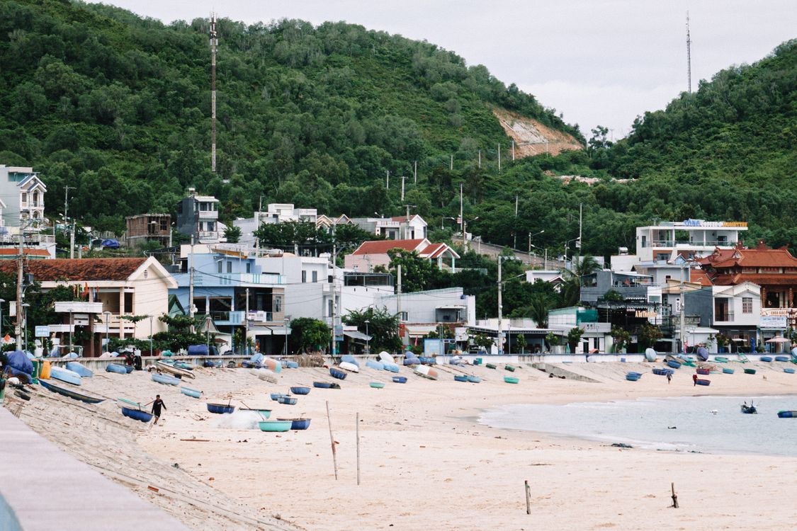 Picturesque Bai Xep fishing village with traditional boats on the beach in Quy Nhon