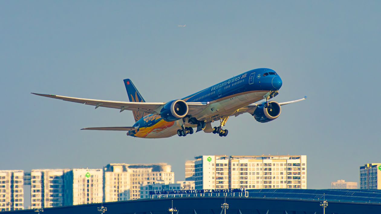 Vietnam Airlines plane taking off from Ho Chi Minh City airport