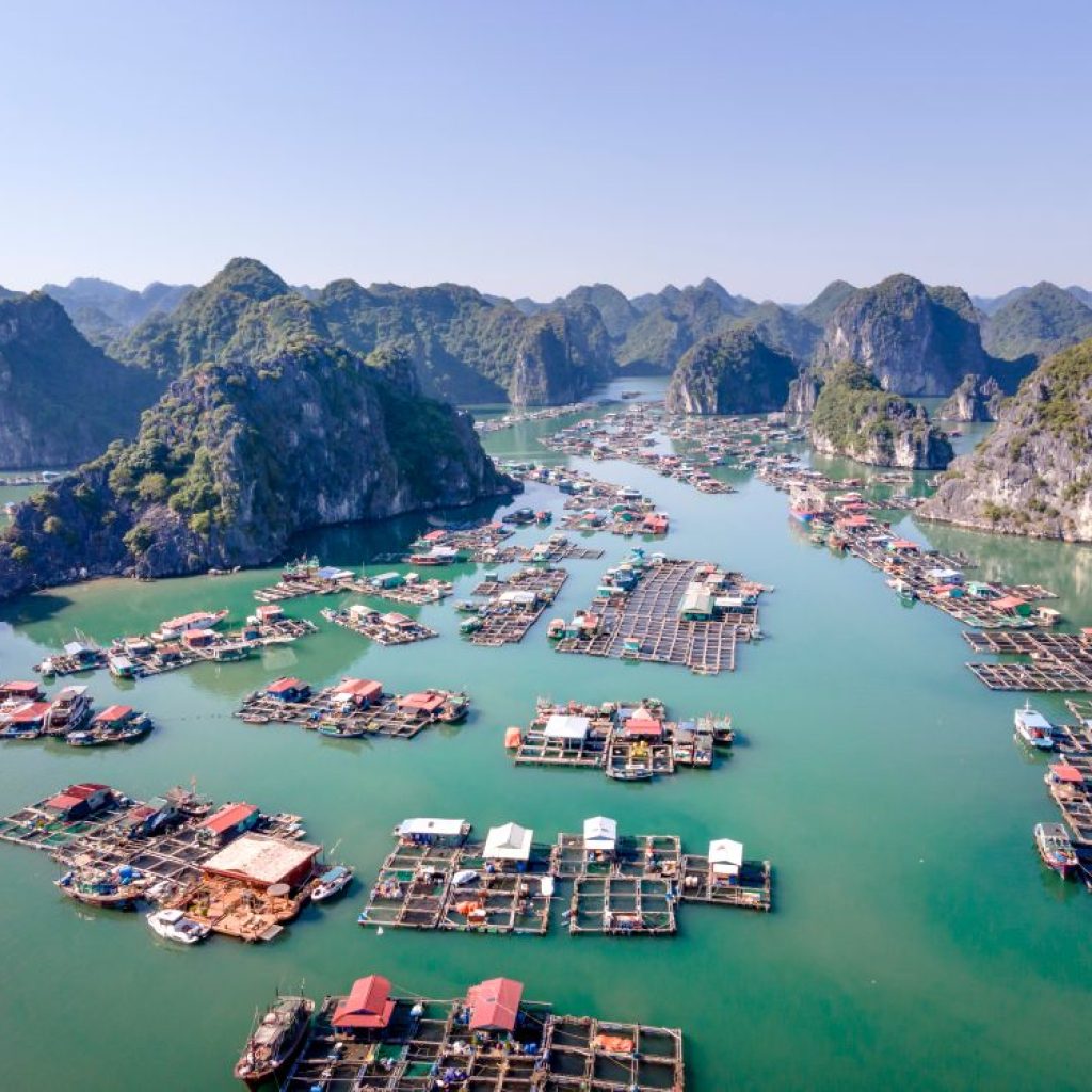 Aerial view of boats and limestone islands around Cat Ba in Vietnam