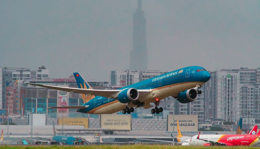 Vietnam Airlines plane taking off from an airport