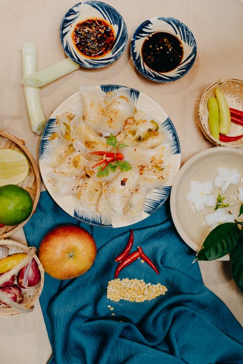 banh beo steamed rice cakes with shrimp topping, a Hue specialty