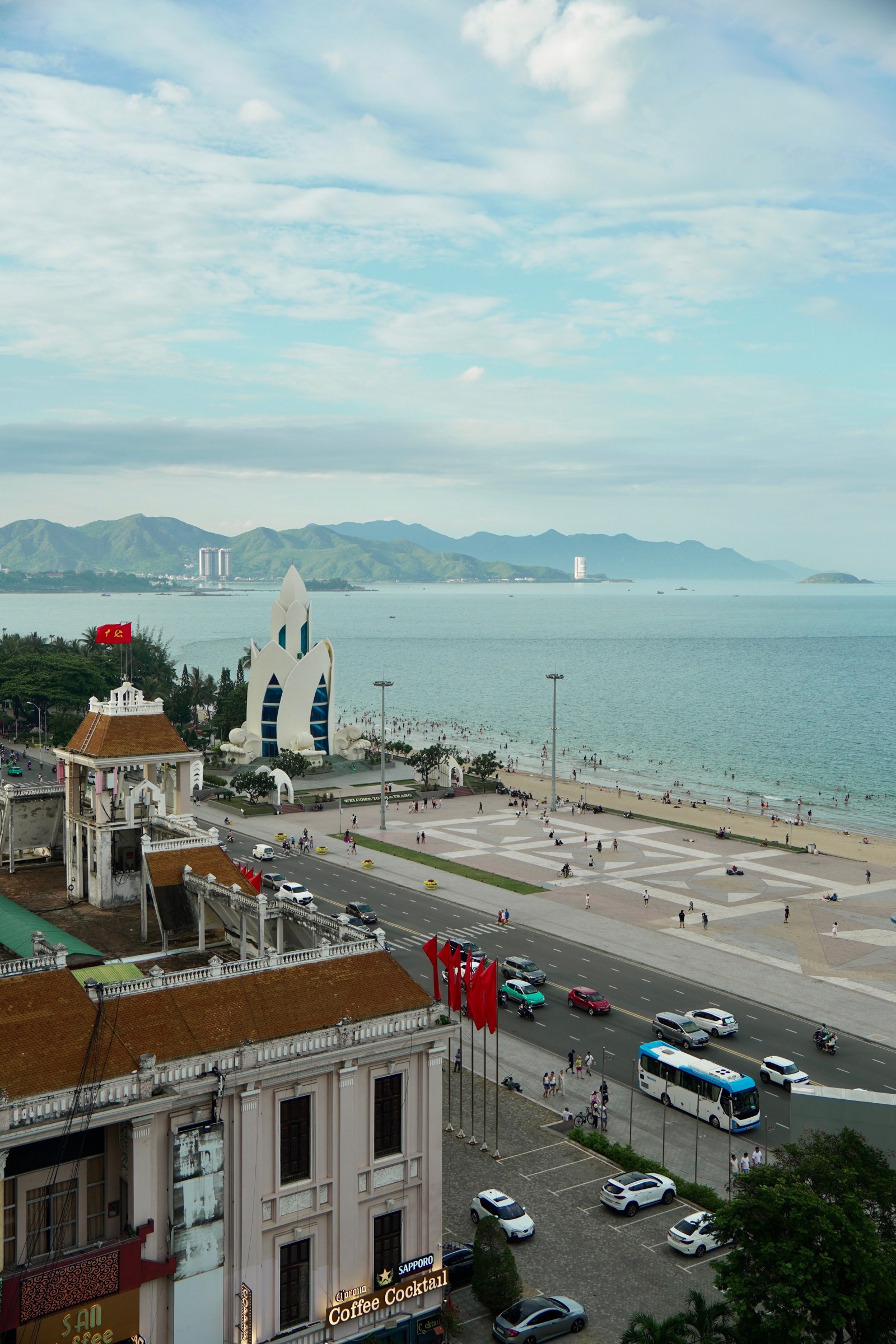 Elevated view of Nha Trang beachfront square, road and bay