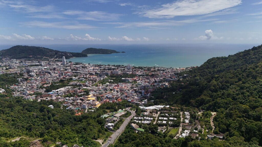 Elevated view of Patong Bay, its beachfront and surrounding hills