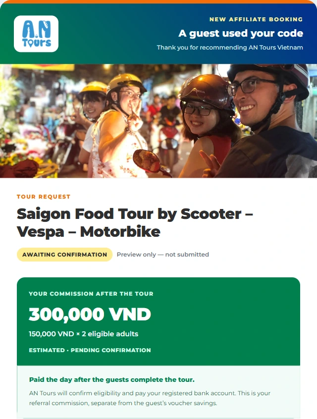 Sample guide email showing the referred tour and 300,000 VND estimated commission for two adults.