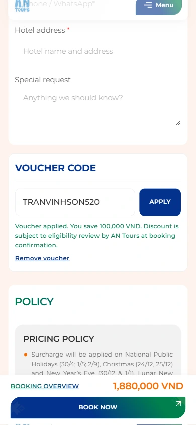 Mobile booking page. Voucher code is below the guest information; Booking Overview and BOOK NOW stay at the bottom.