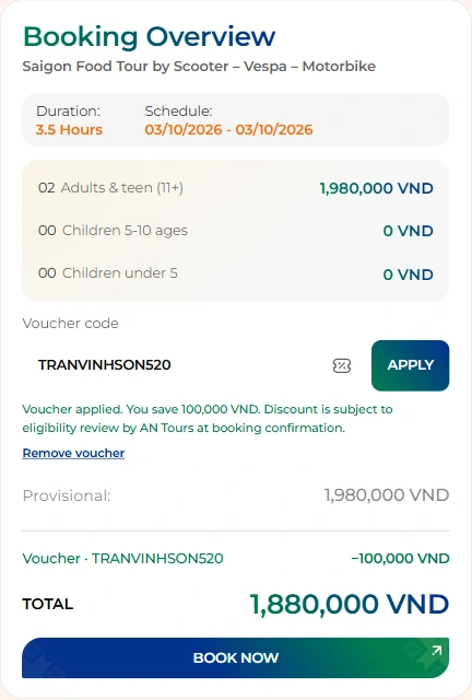 Desktop Booking Overview with TRANVINHSON520 applied, 100,000 VND voucher savings and a total of 1,880,000 VND.