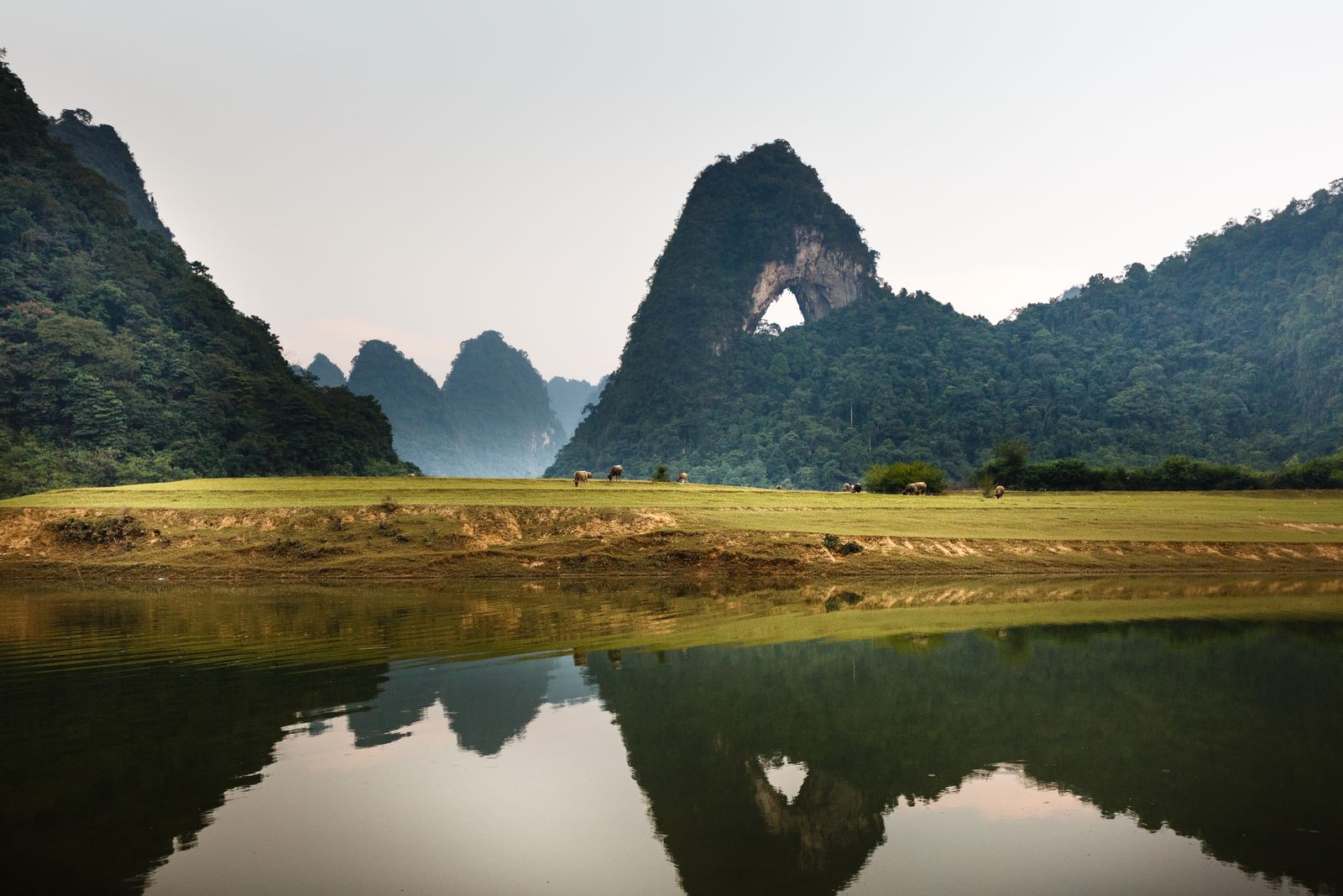 Limestone karst mountains reflected in still water beside cultivated fields in Cao Bang, Vietnam's mountain valley landscape