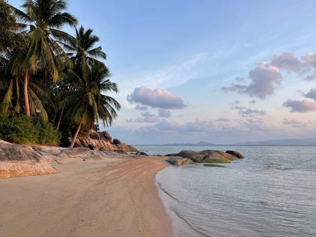 Palm trees and rounded boulders beside a sandy beach on Koh Samui