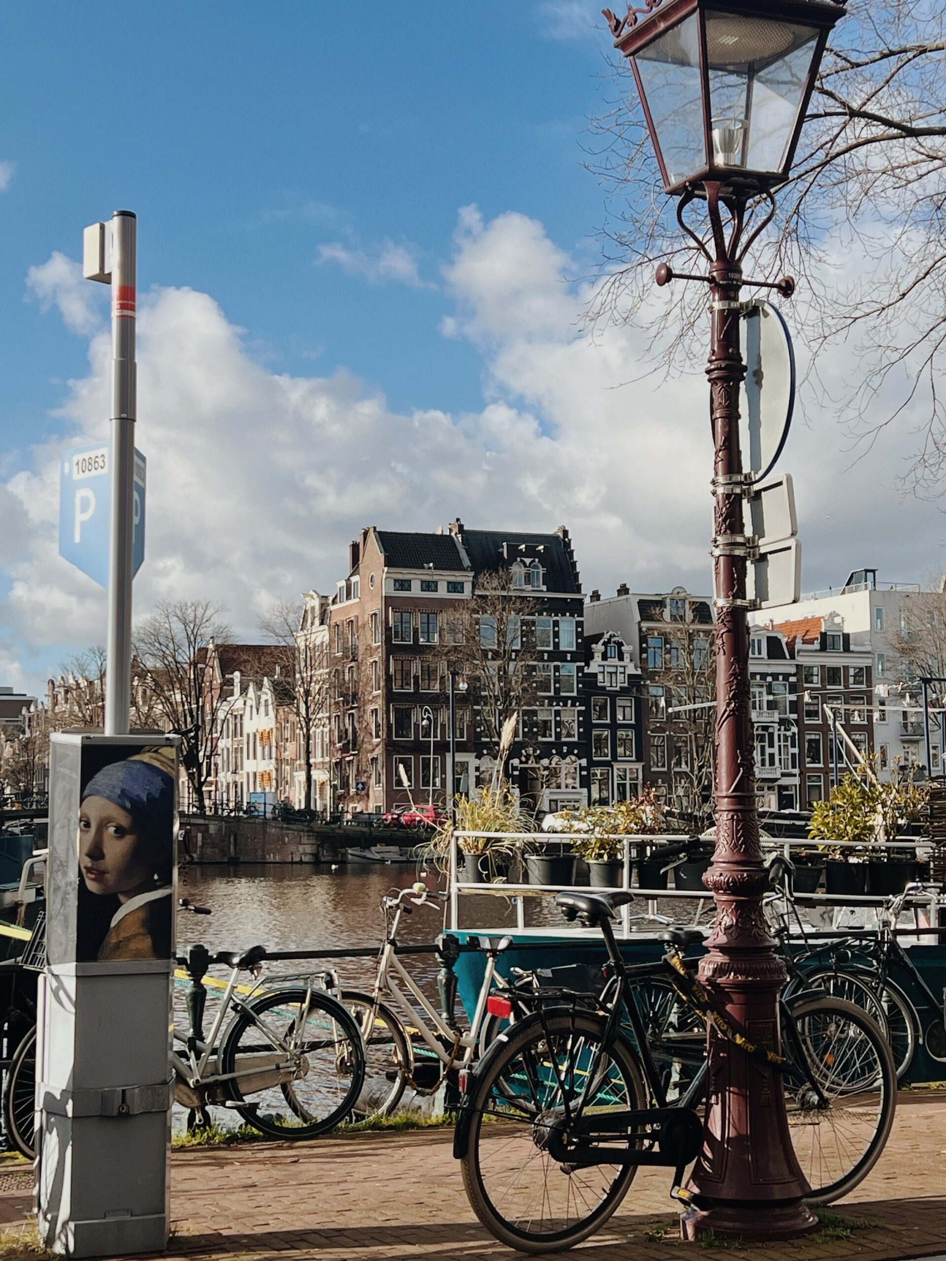 Bicycles beside an Amsterdam canal beneath a traditional street lamp.