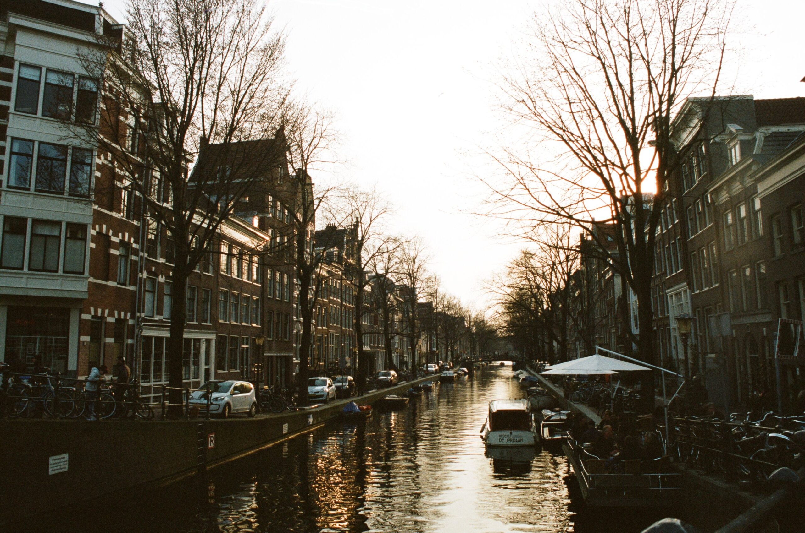 A tree-lined Amsterdam canal with old buildings, moored boats and bicycles.