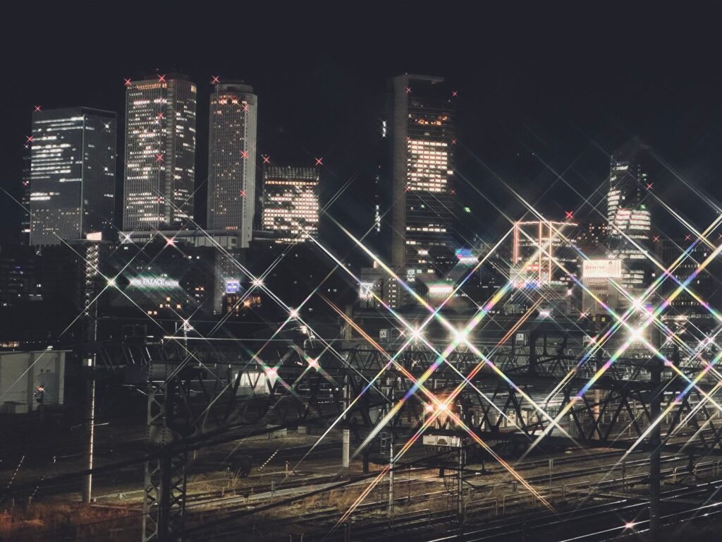 Railway tracks and illuminated buildings in Nagoya at night