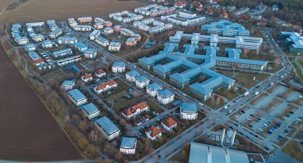 Aerial view of a contemporary urban area in Munich