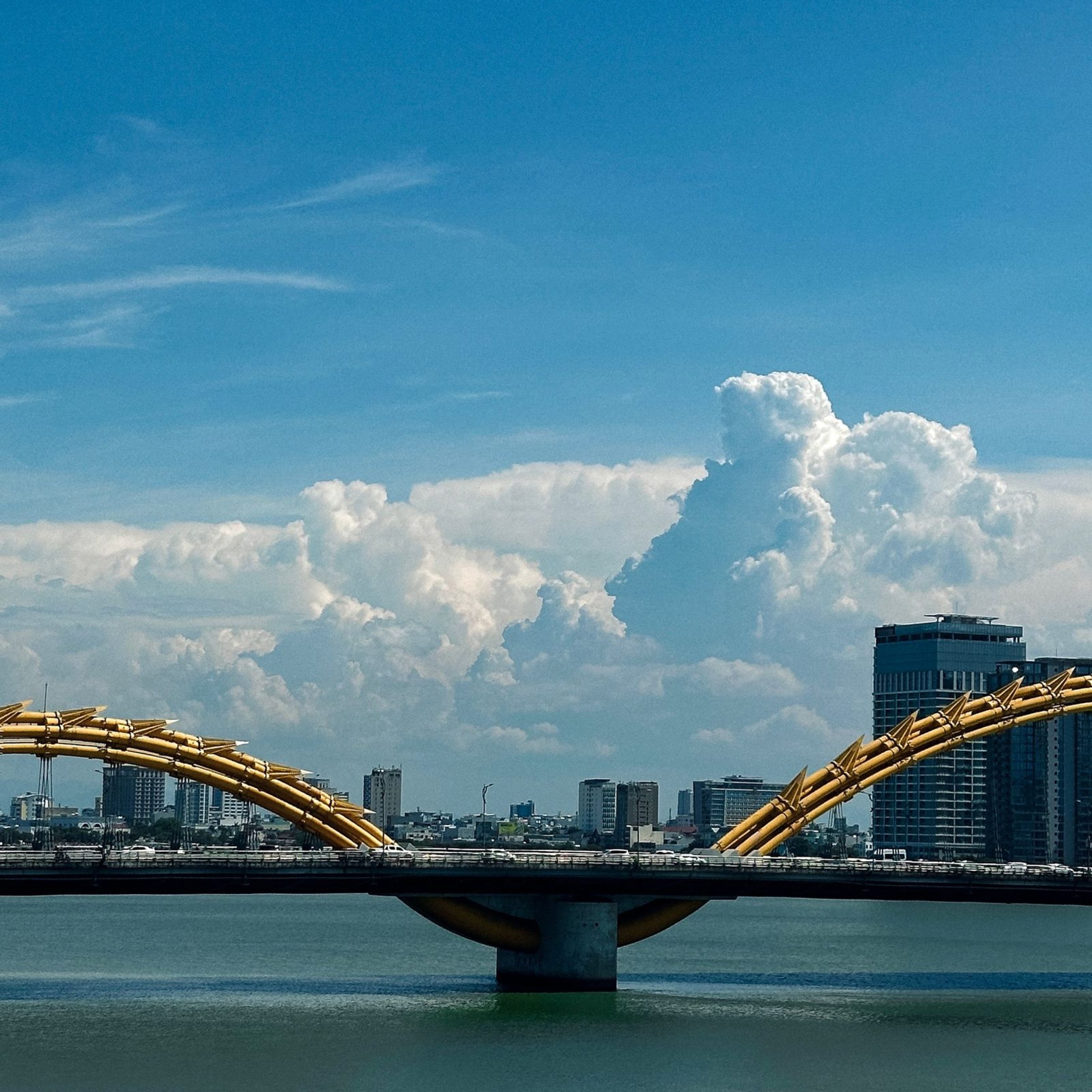 The golden dragon-shaped Da Nang Dragon Bridge (Cau Rong) arching over the Han River with a city skyline behind