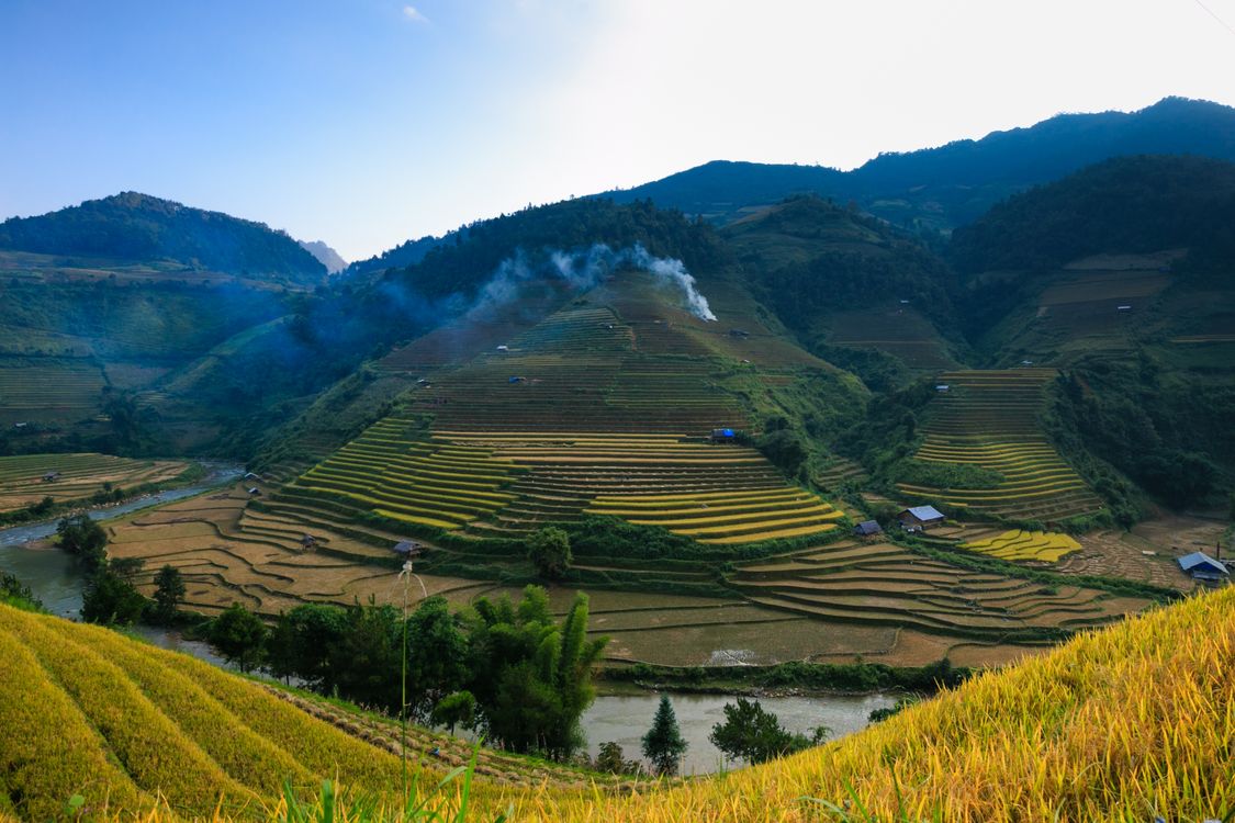 Aerial view of layered rice terraces in Vietnam with a river valley below