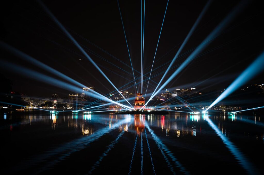 Hoan Kiem Lake in Hanoi lit at night