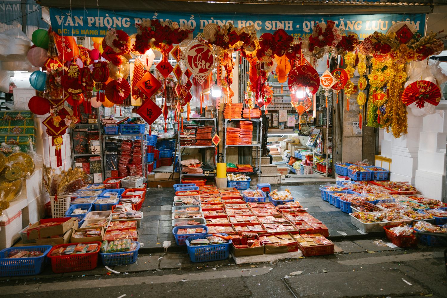 Traditional festival decorations and lanterns at a Hang Ma shop in Hanoi