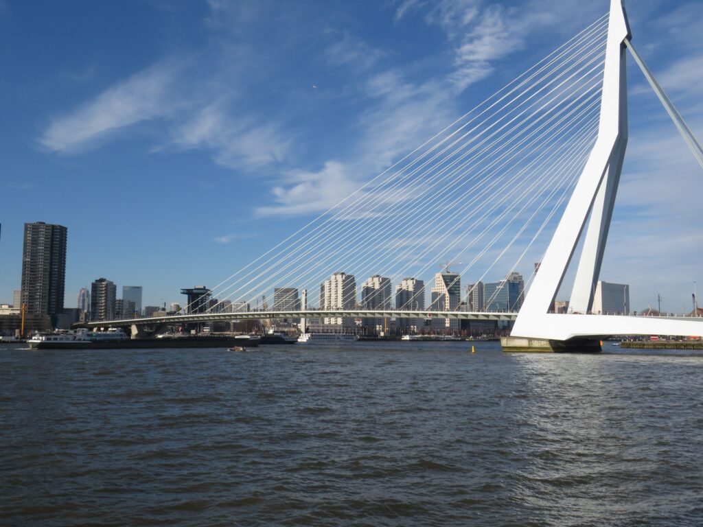 The Erasmus Bridge crosses the Nieuwe Maas beside Rotterdam’s skyline.