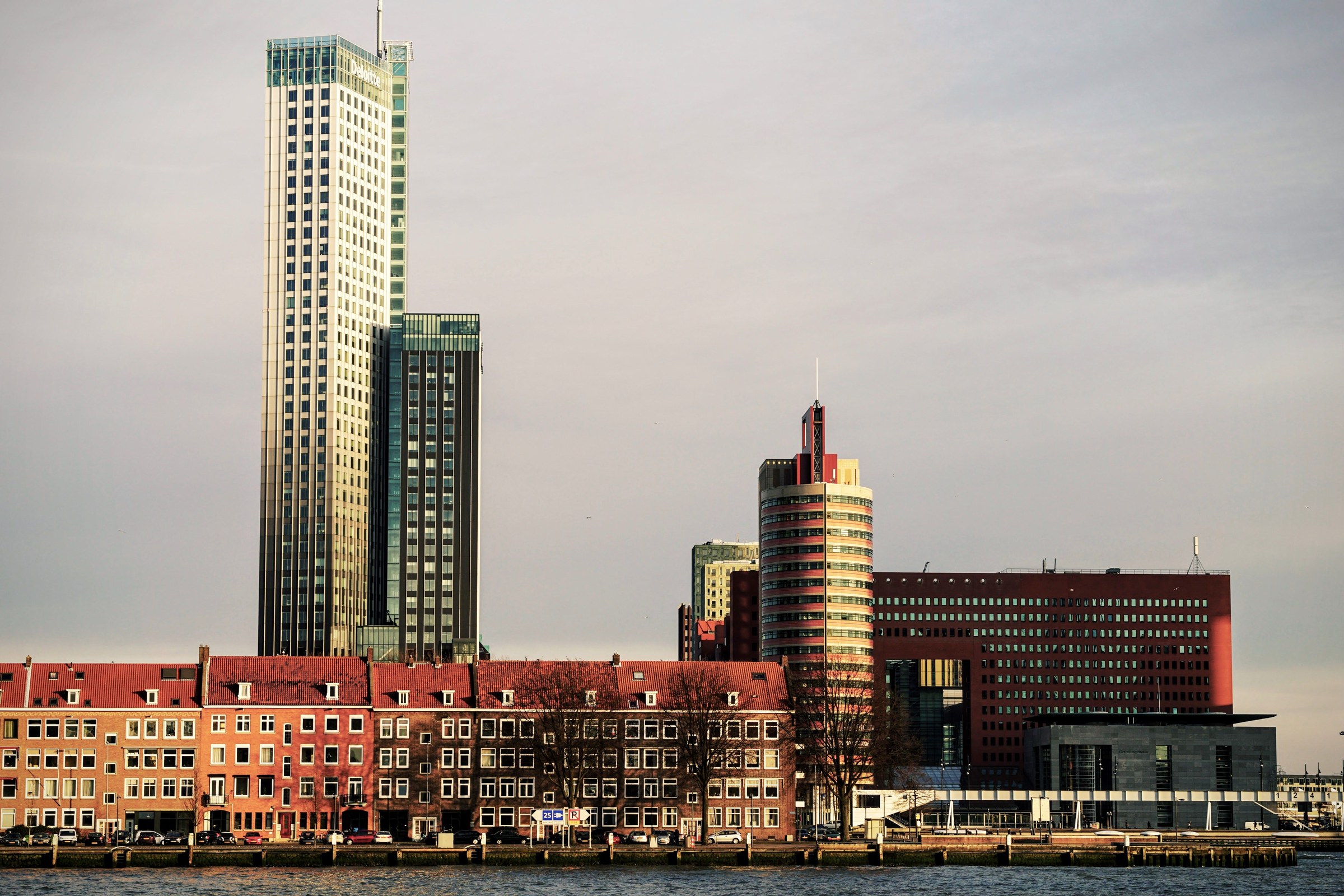Modern high-rise buildings on Rotterdam’s waterfront viewed across the water.
