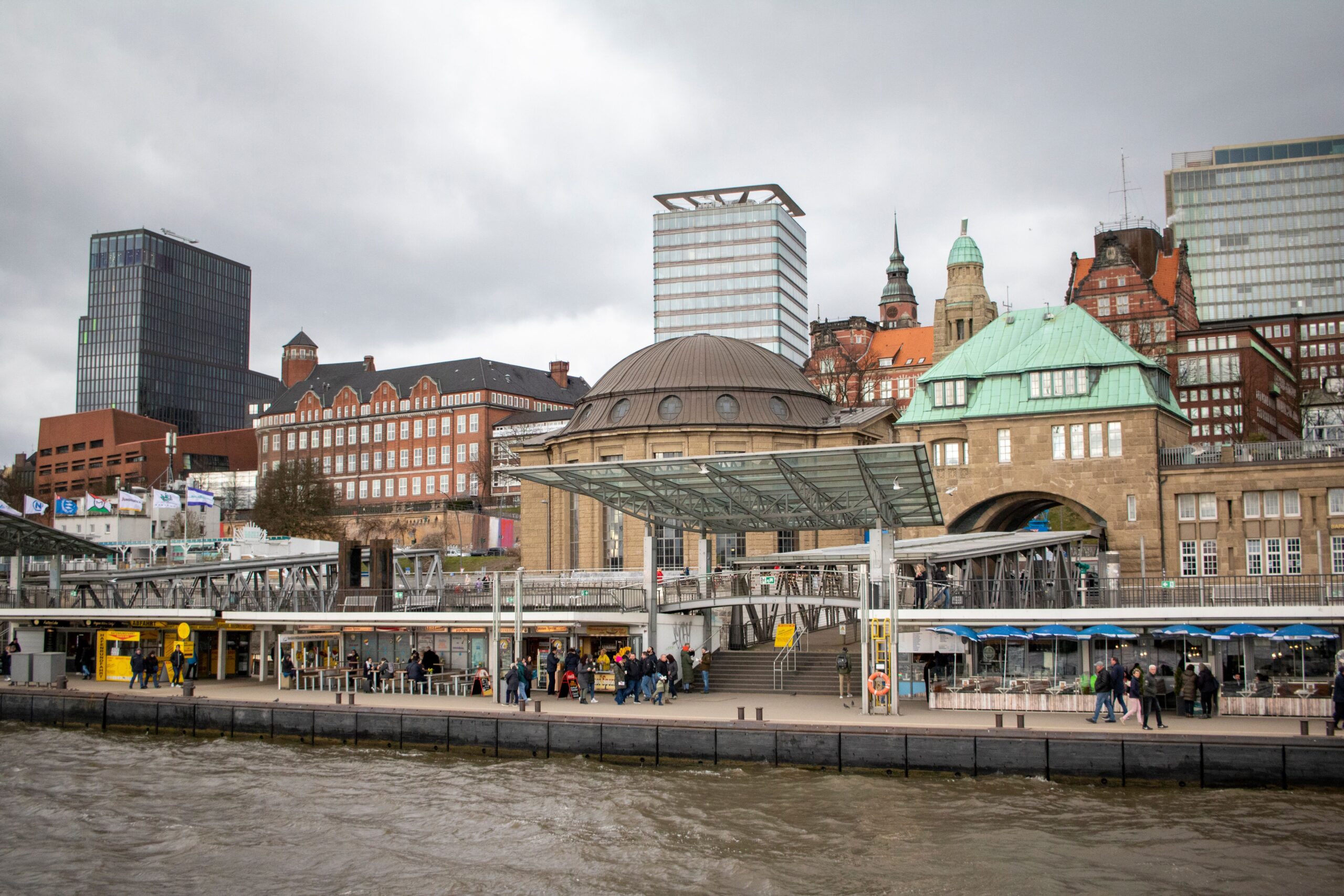Hamburg Landungsbrücken piers and waterfront buildings beside the Elbe