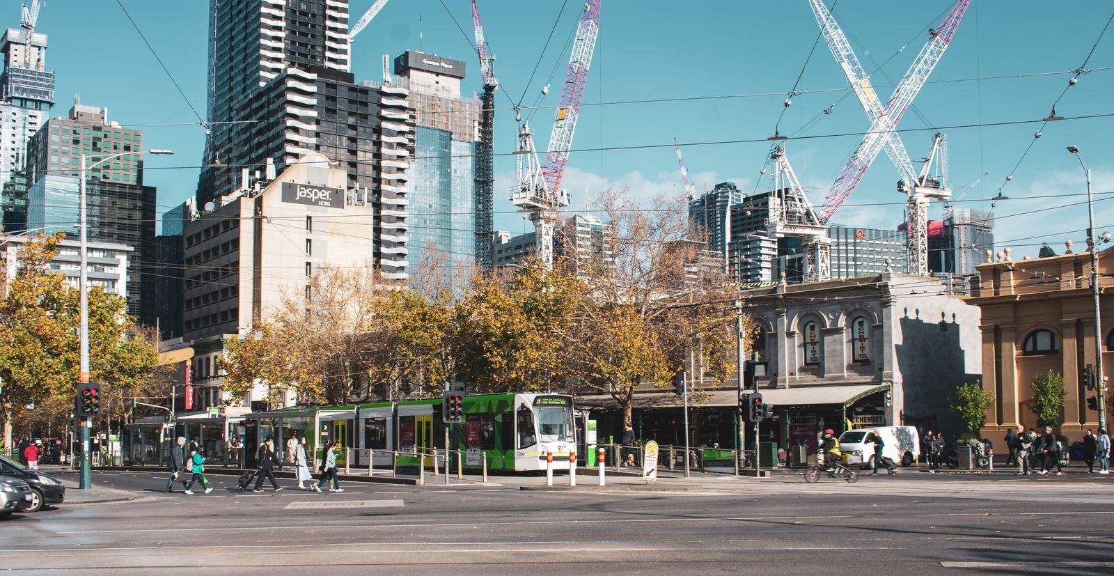 Melbourne tram and city buildings near Queen Victoria Market