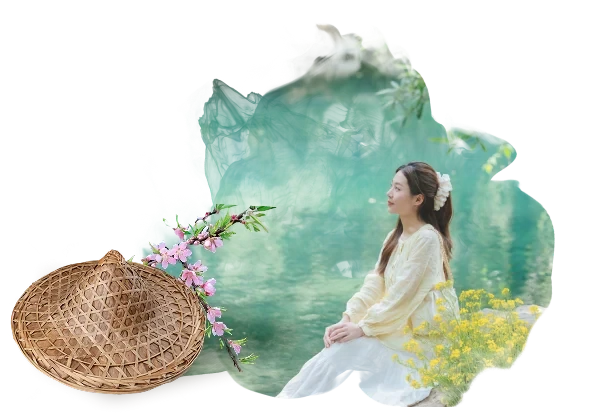 Vietnamese cultural collage with a woman in áo dài, a woven basket and green mountains