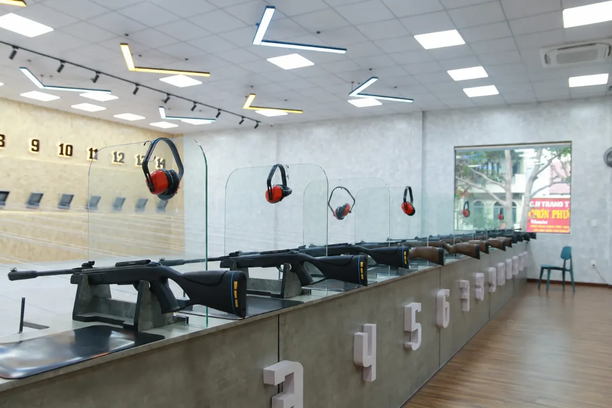 Indoor sport shooting range with numbered shooting lanes in Vung Tau